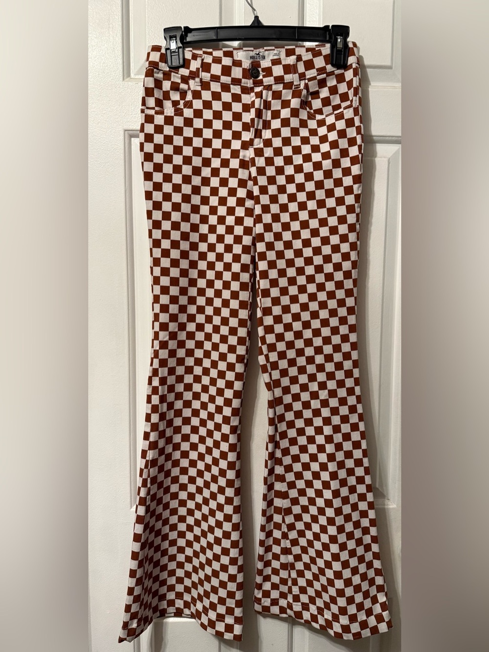 Hollister Checkerboard Flare Pants Brown Ivory High Rise Y2K Small - Picture 3 of 9